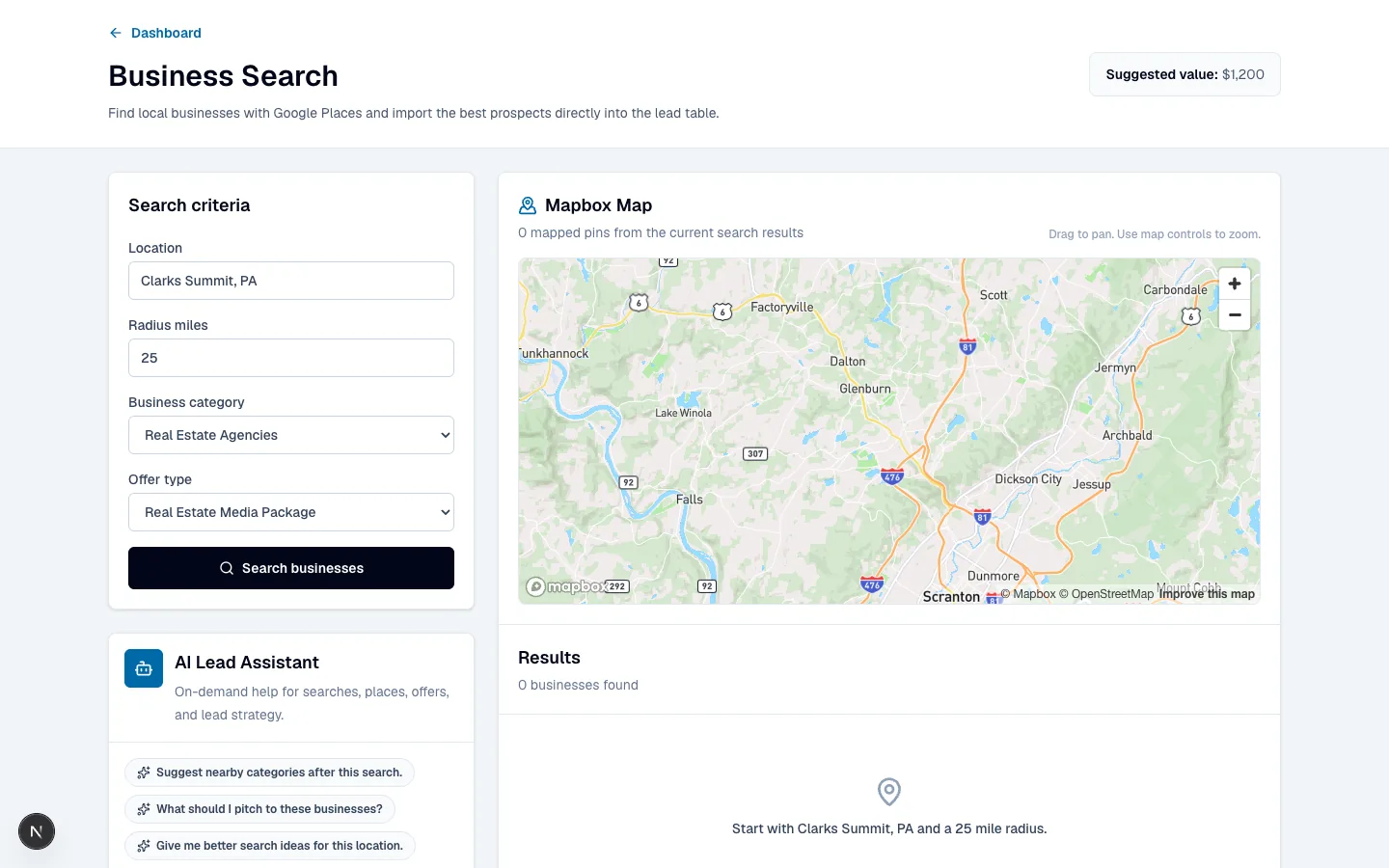 Drone Lead Tracker business search screen with search controls, AI help, and an interactive map.
